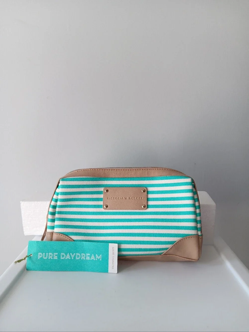Victoria's Secret Pure Daydream Cosmetics Bag Striped Faux Leather Aqua White